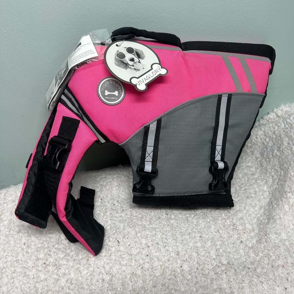Vivaglory  Ripstop Dog Life Jacket w Rescue Handle Pink & Grey Size M Water Ski